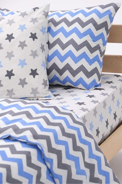 FAVORA Set cuvertură de pilota unică din bumbac cu cearșaf elastic cu model în zig-zag - albastru