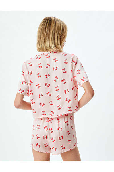 Koton Fiyonk Bağlamalı Kiraz Baskılı Kısa Kollu Crop Pijama Üstü