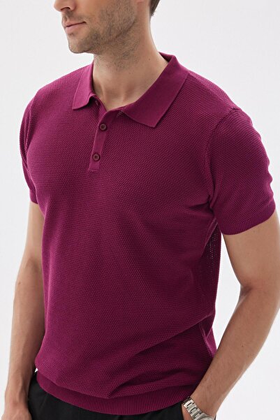 odelon Men's Fuchsia Knitwear T-Shirt - Polo Collar and Jacquard