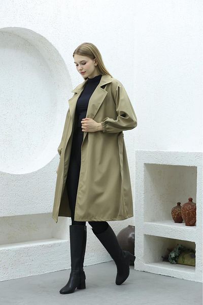 QUBERZ Balloon Sleeve Belted Trench Coat Mink
