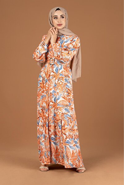 Sevitli Φόρεμα με ζώνη με μοτίβο παλάμης-πορτοκαλί
