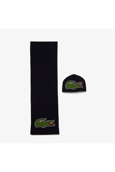 Lacoste Unisex Siyah Atkı & Bere Seti