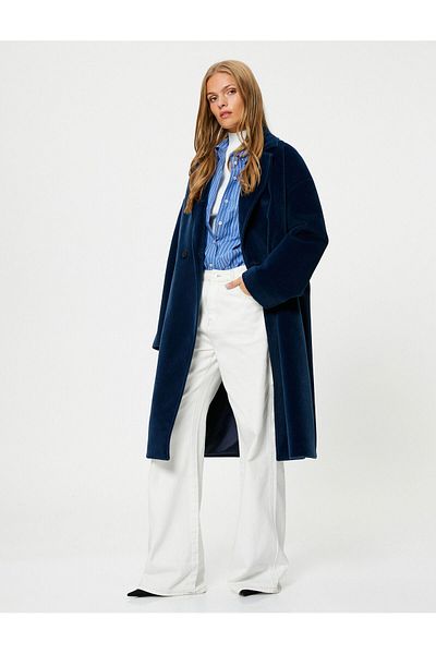 Koton Long Oversize Coat Soft Textured Buttons Double Breasted Pocket