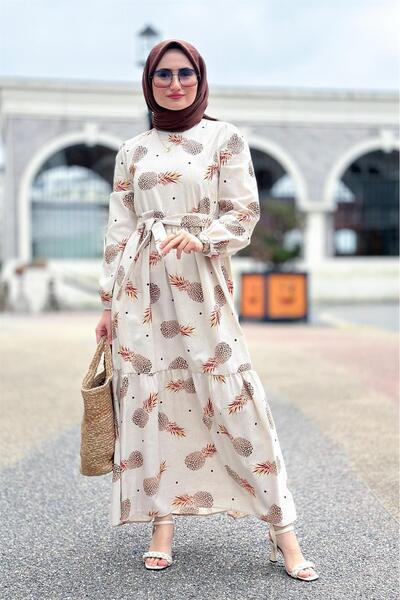 Sevitli Μεγάλο λινό φόρεμα με σχέδιο ανανά-καφέ πορτοκαλί