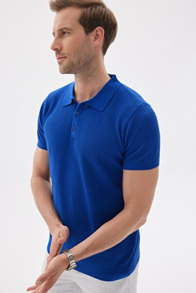 odelon Men's Saks Knitwear T-Shirt - Polo Collar and Jacquard Detail