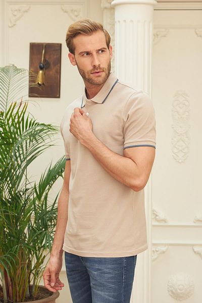 odelon Slim Fit Απλό ανδρικό μπλουζάκι με γιακά πόλο μπεζ
