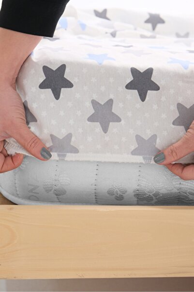 FAVORA Zigzag Patterned Cotton Single Duvet Cover Set with Elastic Sheets - Blue