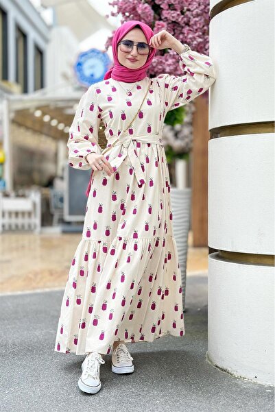 Sevitli Λινό ύφασμα με μοτίβο ανανά Μακρύ Φόρεμα-Λιλά