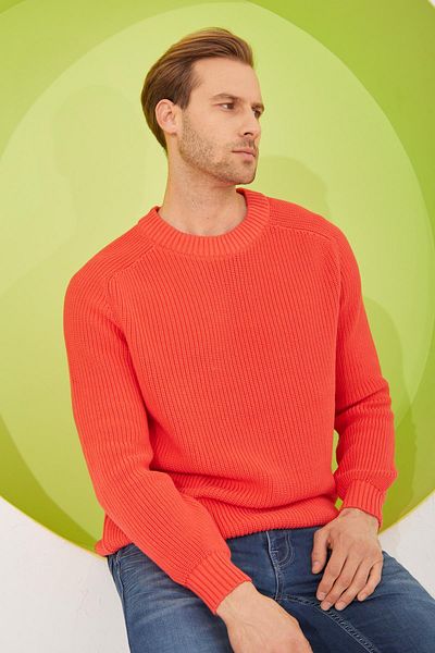 odelon Men's Coral Knitwear Sweater - Crew Neck, Thessaloniki Knit, Cotton