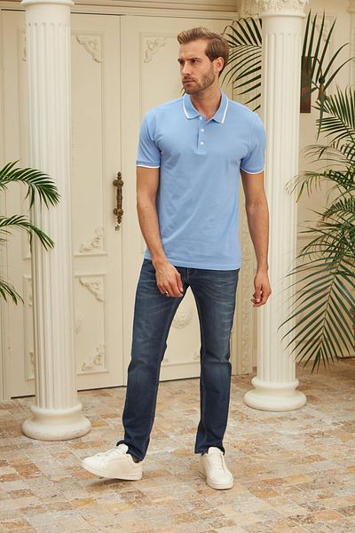 odelon Tricou albastru cu gât polo slim fit pentru bărbați