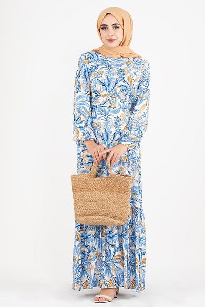 Sevitli Palm Tree Patterned Coated Belted Dress-blue