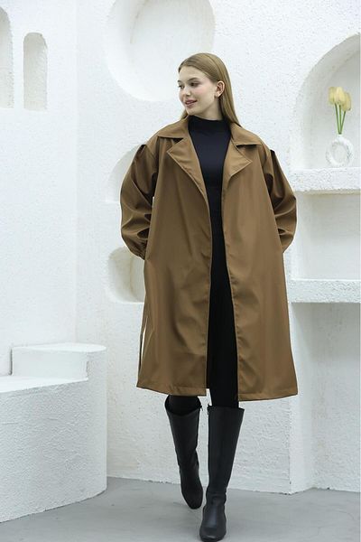 QUBERZ Balloon Sleeve Belted Trench Coat Brown