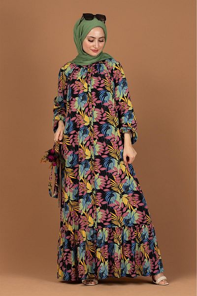 Sevitli Palm Tree Patterned Belted Hijab Dress-green