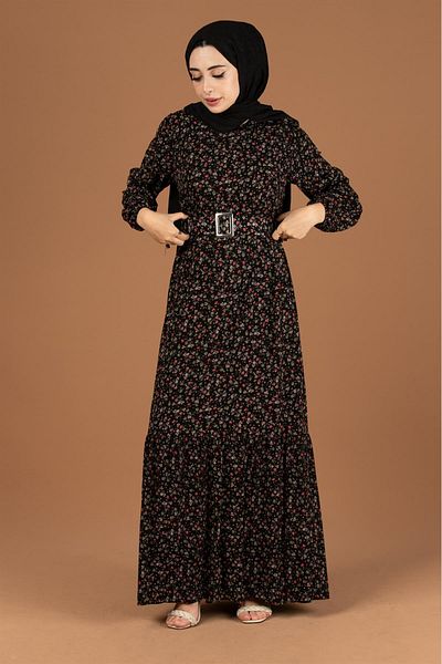 Sevitli Black Floral Patterned Flannel Dress