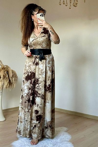 AZRA BUTİK Brown Patterned Full Length Dress