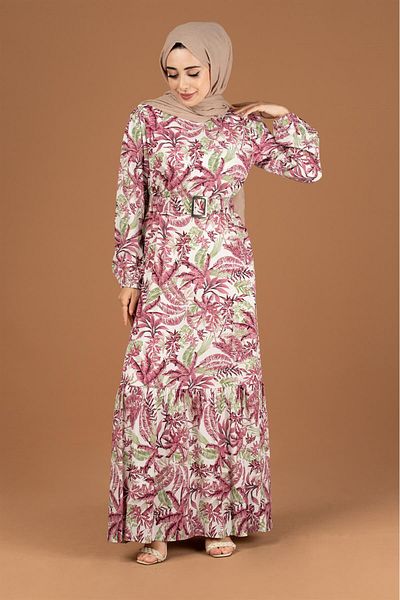 Sevitli Palm Tree Patterned Covered Belted Dress-pink