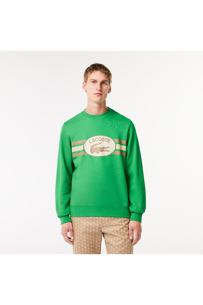 Lacoste Мъжки зелен суичър с щампа с кръгло деколте с класическа кройка