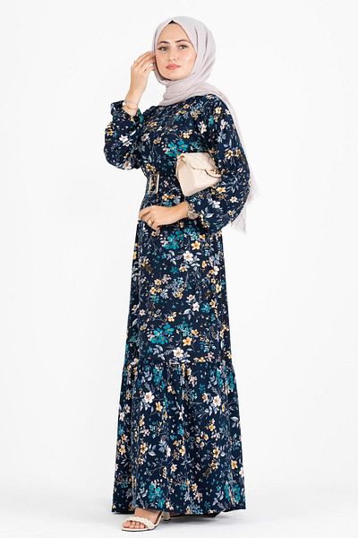 Sevitli Floral Coated Belted Viscose Dress-navy blue