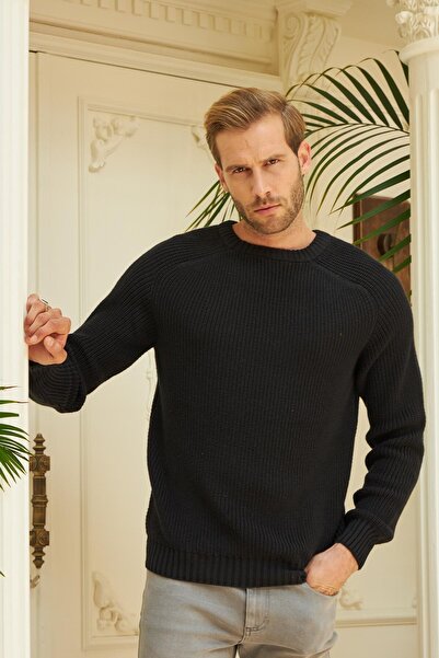 odelon Ανδρικό Μαύρο Πλεκτό Πουλόβερ - Crew Neck, Thessaloniki Knit, Βαμβακερό
