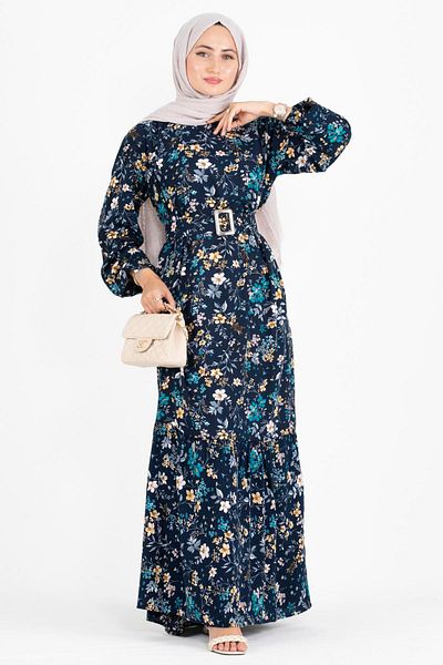 Sevitli Floral Coated Belted Viscose Dress-navy blue