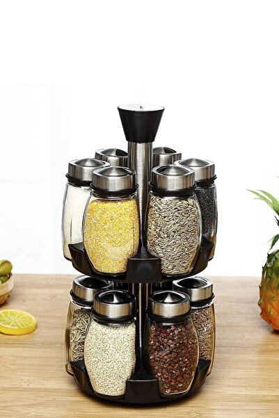 HUBBYCHEF Spice Shaker Double-Deck 12-Piece 360 Degree Rotatable Glass Salt Shaker and Spice Shaker Stand