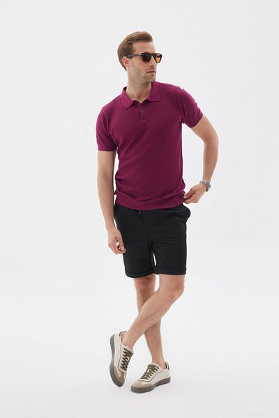 odelon Ανδρικό φούξια πλεκτό μπλουζάκι - Polo Neck και Jacquard