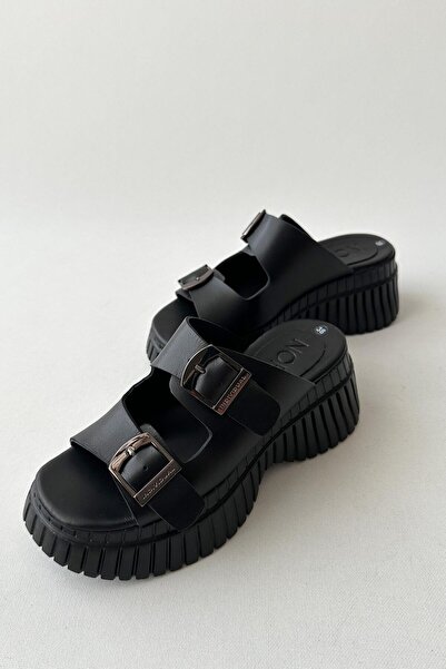 nope21shoess Again Black Genuine Leather Slippers