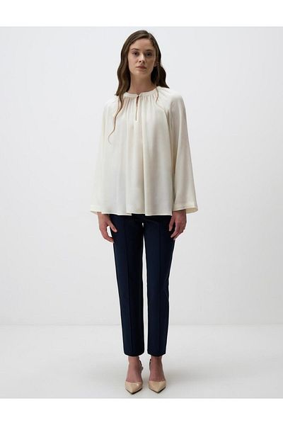 Jimmy Key Ecru Crew Neck Relaxed Fit Long Sleeve Blouse