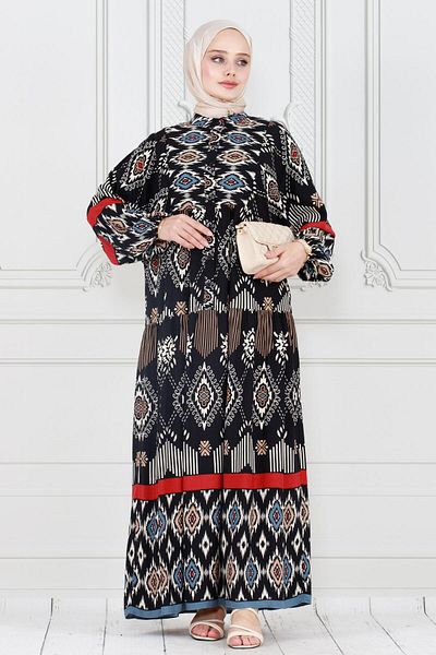 Sevitli Black Ikat Patterned Half Button Dress