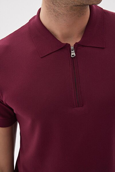 odelon Men's Claret Red Knitwear Polo Collar T-Shirt - Plain Zipper, Rayon