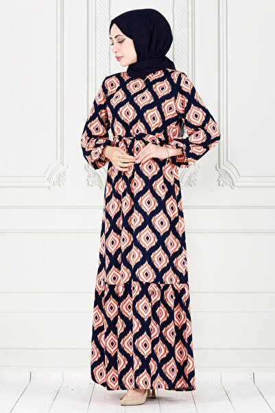 Sevitli Eteği Fırfır İkat Desen Viscon Elbise-Lacivert