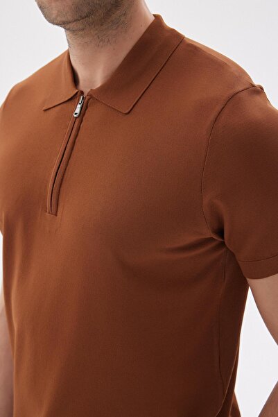 odelon Men's Brown Polo Neck Rayon Knitwear T-Shirt - Plain Zippered Limited