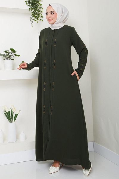 hafsamina Khaki Colored Icon Stone Detailed Ferace - HM2480