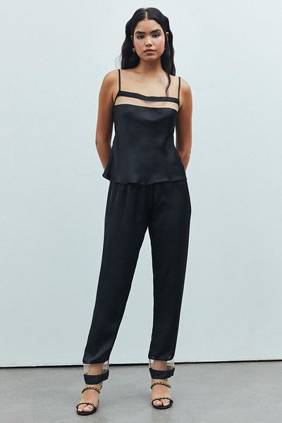 Feu De Elu Set pijama din satin negru - Detaliu din tul Libre, lung cu bretele