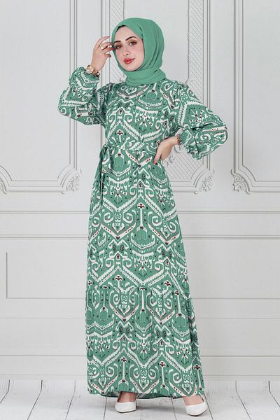 Sevitli Mint Green Viscose Dress - Motif Pattern and Belted Waist