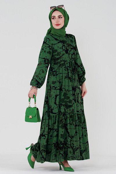 Sevitli Emerald Green Viscose Dress - Miray Waist Tunnel