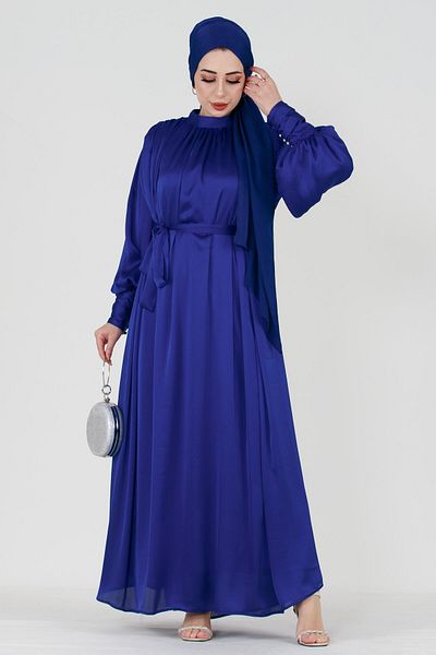 Sevitli Rochie de seară Hijab cu mâneci și perle - Albastru Sax