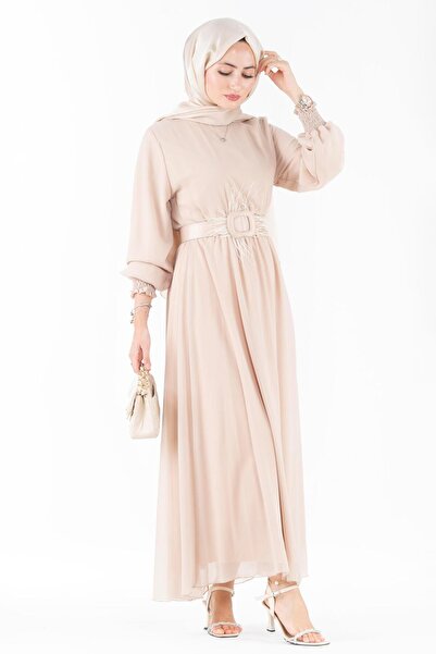 Sevitli Φόρεμα σιφόν με λάστιχο στο μανίκι-Μπεζ