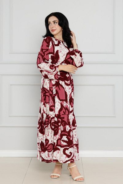 Sevitli Burgundy Viscose Dress - Floral Pattern and Belted