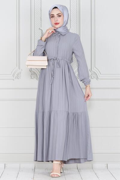 Sevitli Γκρι Φόρεμα Sare - Πουκάμισο γιακά και τούνελ μέσης