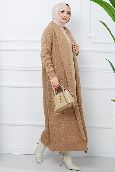 hafsamina Şal Yaka Salaş Triko Hırka Camel HM2248