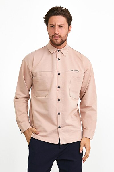 odelon Çıtçıt Detaylı Slim Fit Sweatshirt Erkek Pudra Dış Gömlek