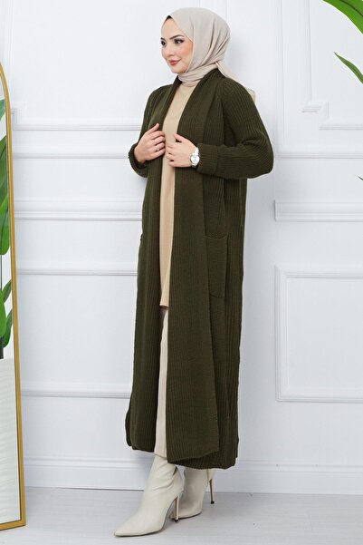 hafsamina Shawl Collar Pocketed Knit Cardigan Khaki HM2243