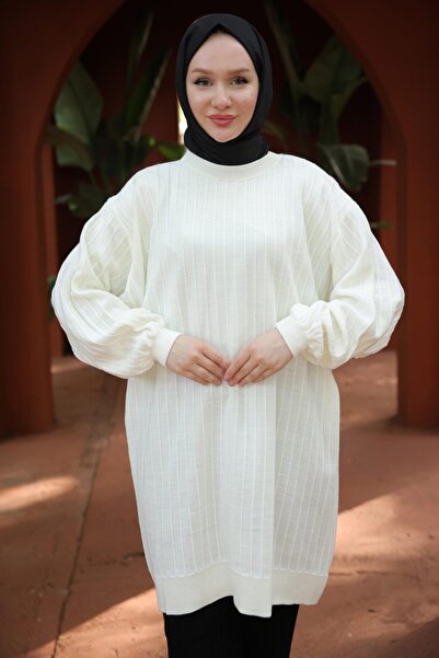 hafsamina Cream Colored Balloon Sleeve Knitwear Tunic - Hm2519
