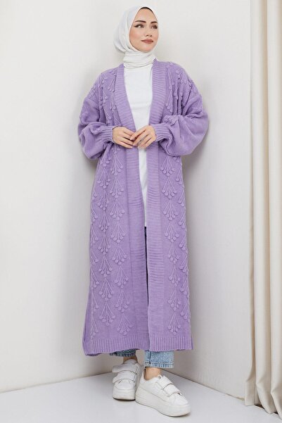 hafsamina Μακρύ πλεκτό ζακέτα με σχέδιο κεράσι λιλά HM2334