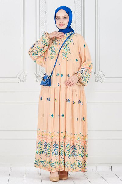 Sevitli Beige Embroidery Patterned Viscose Dress - With Robe