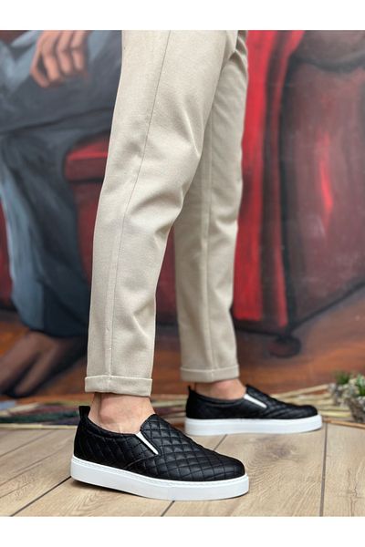 BOA BA0353 - Casual Men's Shoes, Black and White Quilted, Laceless