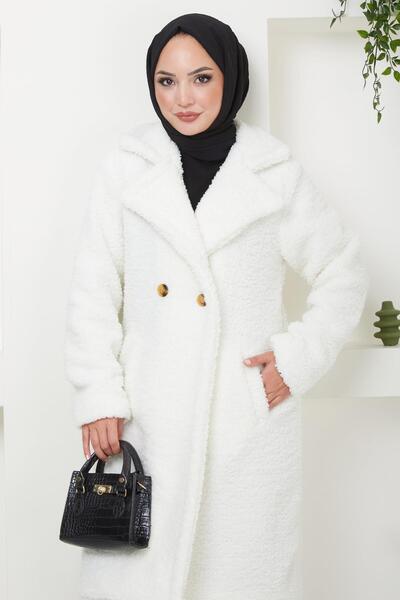 hafsamina Λευκό βελούδινο παλτό - Fleto Pocket, HM2506