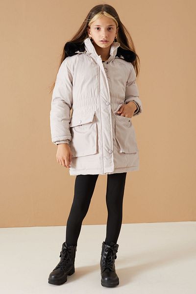 Cansın Mini Girl's Beige Hooded Coat - Pockets, Model 19062