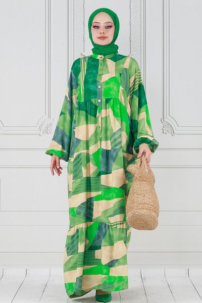 Sevitli Rochie verde din viscoză - mânecă liliac și sticlă spartă